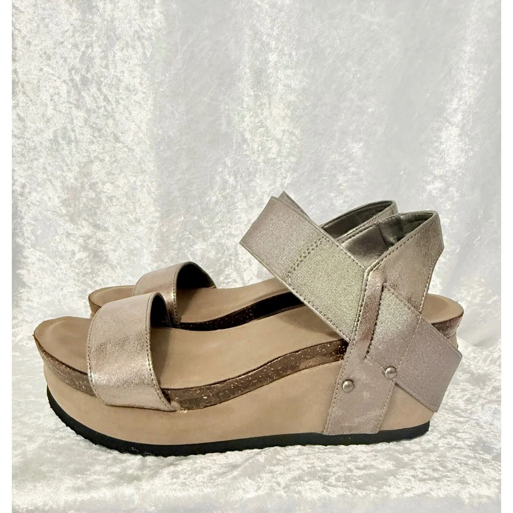 Hokus Pokus Tatum‎ Size-9.5 Metallic Platform Wedge Sandals Elastic Slingback